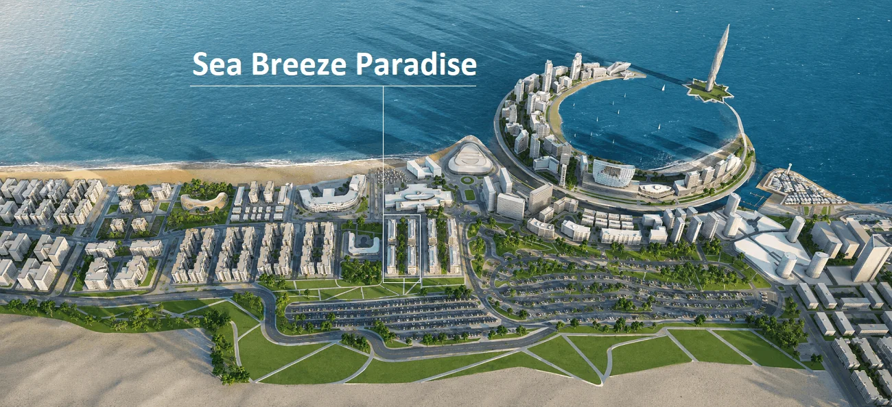 Визуализация: Генплан курорта с пометкой агентства «Sea Breeze Paradise»: стрелка — у основания залива Halfmoon